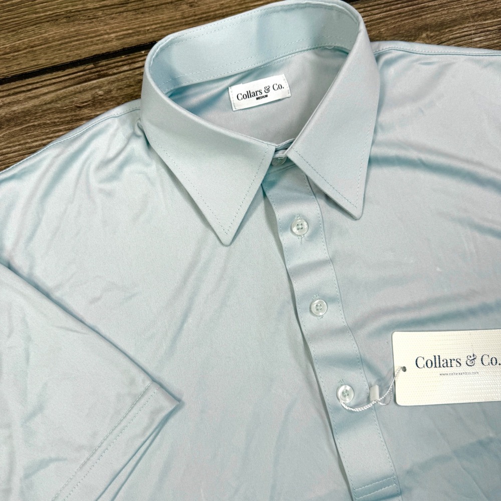 Collars & Co Mens Dress Collar Polo Size Medium Light Mint Blue Short Sleeve NEW